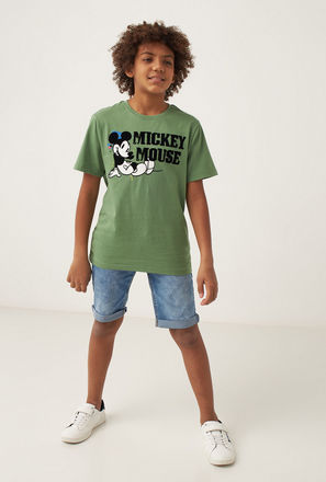 Mickey Mouse Print Round Neck T-shirt with Short Sleeves