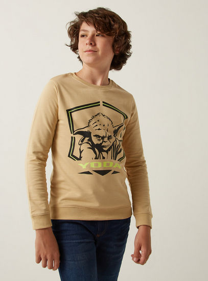 Yoda Print BCI Cotton Crew Neck Sweatshirt with Long Sleeves