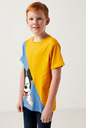 Mickey Mouse Print Spliced T-Shirt with Short Sleeves
