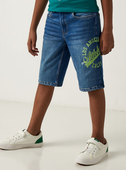 Printed Denim Shorts with Pockets