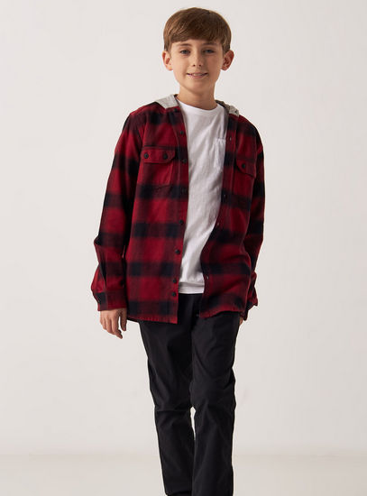 Checked Long Sleeve Shirt with Hood and Pockets