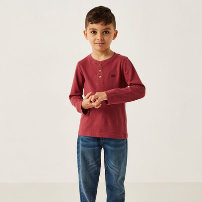 Textured Henley Neck T-shirt with Long Sleeves