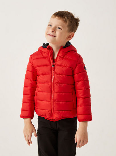 Solid Hooded Puffer Jacket with Long Sleeves and Pockets