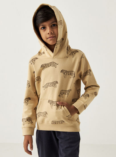 All Over Tiger Print Sweatshirt with Hood and Long Sleeves