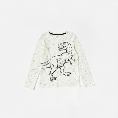 Dinosaur Print T-shirt with Round Neck and Long Sleeves