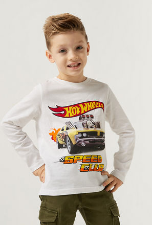 Hot Wheels Print T-shirt with Round Neck and Long Sleeves