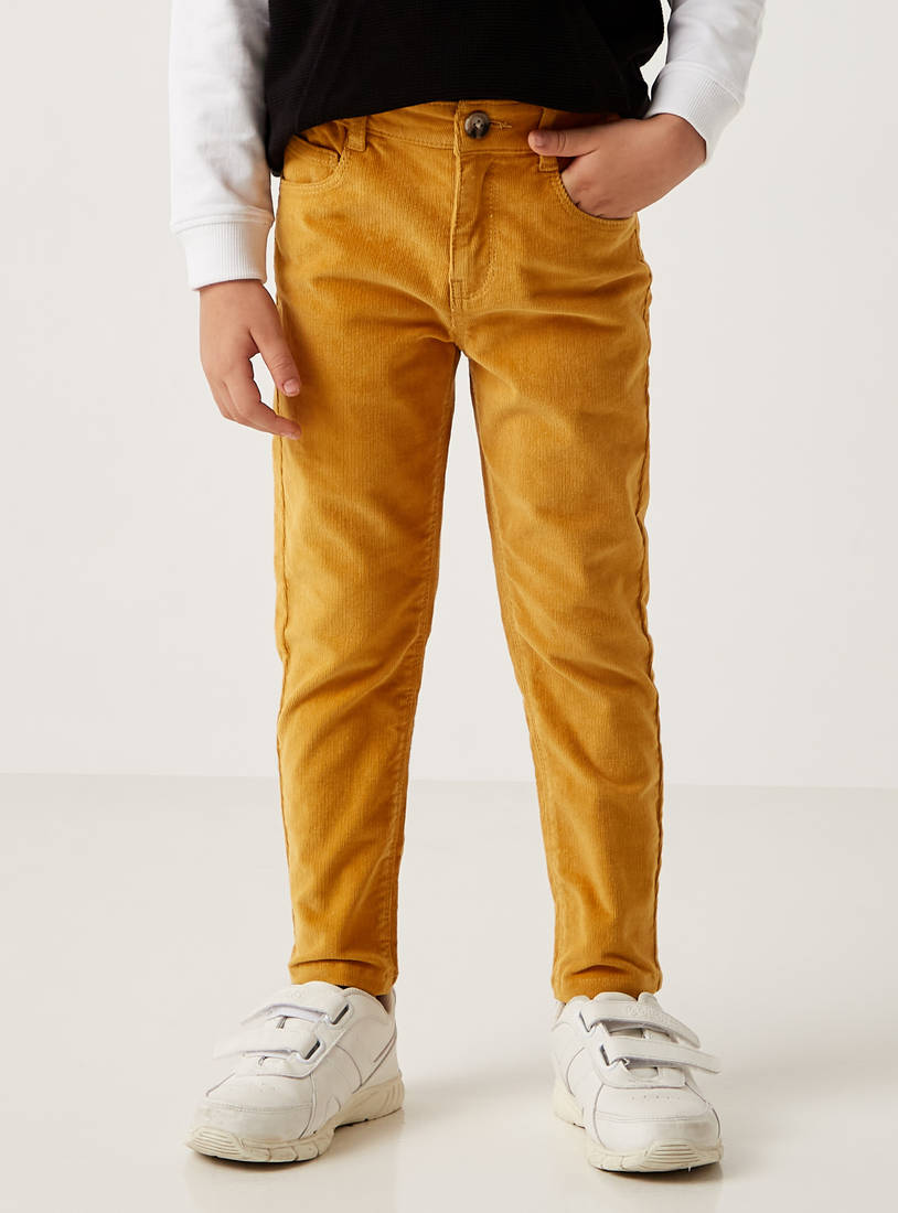 Solid Cordurouy Pant with Button Closure and Pockets-Trousers-image-0