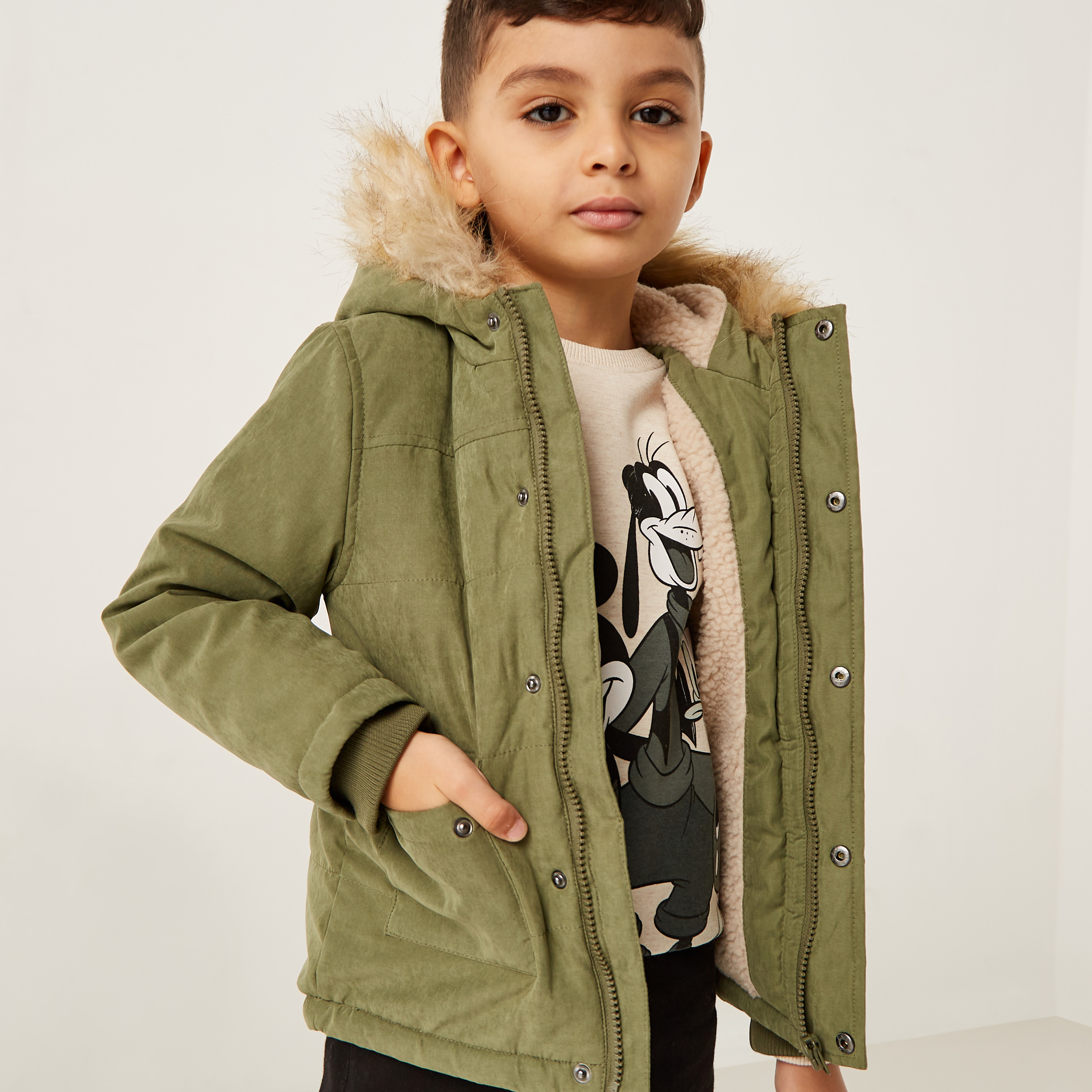 Khaki parka coat with fur hood best sale