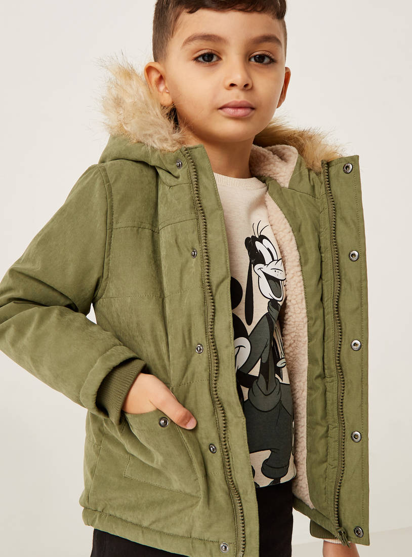 Plain Parka Jacket with Fur-Lined Hood and Sherpa Lining-Jackets-image-1