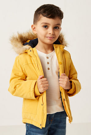Solid Parka Jacket with Fur-Lined Hood and Sherpa Lining