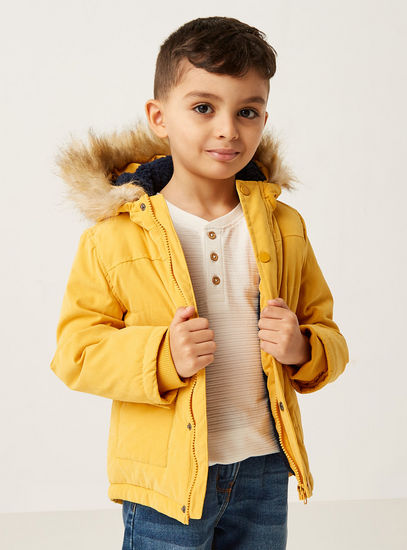 Solid Parka Jacket with Fur-Lined Hood and Sherpa Lining