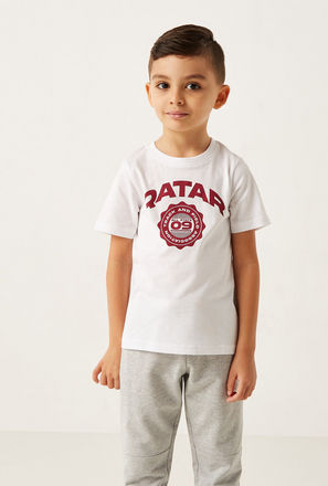 Qatar Logo Print Round Neck T-shirt with Short Sleeves