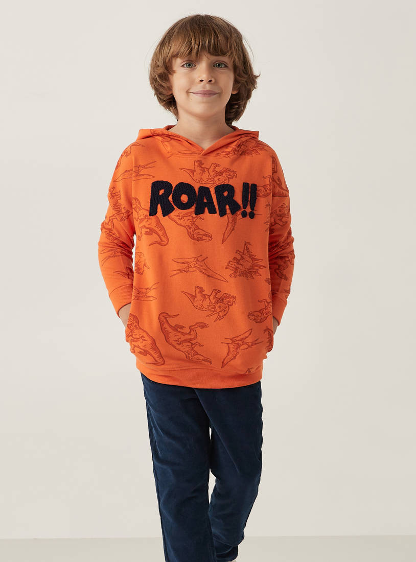 Dinosaur Print Sweatshirt with Hood and Long Sleeves-Hoodies & Sweatshirts-image-0