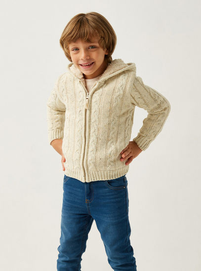 Cable Textured Jacket with Hood and Zip Closure-Sweaters-image-0