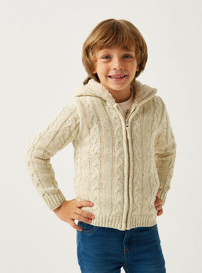 Cable Textured Jacket with Hood and Zip Closure-Sweaters-image-1