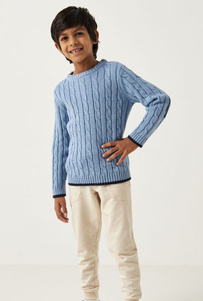 Cable Knitted Sweater with Elbow Patch and Long Sleeves