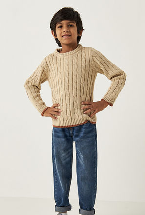 Cable Knitted Sweater with Elbow Patch and Long Sleeves