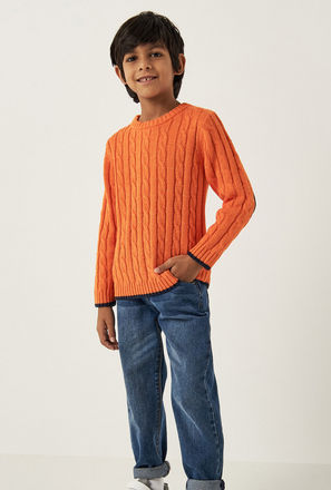 Cable Knitted Crew Neck Sweater with Elbow Patch