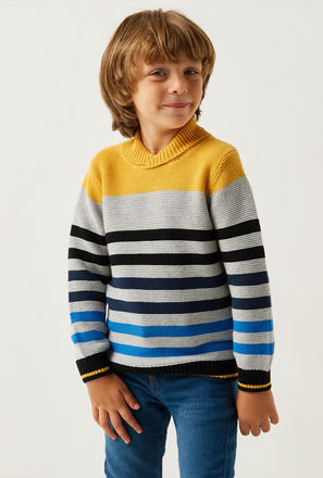 Striped Sweater with Long Sleeves and Stylized Shawl Neck