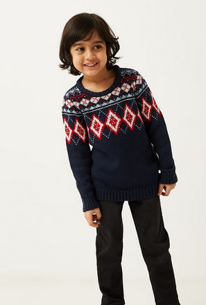 Fair Isle Textured Sweater with Long Sleeves and Round Neck