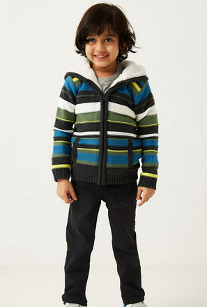 Striped Sherpa Lined Zip Through Jacket with Hood and Long Sleeves