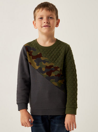 Colourblock Crew Neck Sweatshirt with Long Sleeves and Quilted Detail