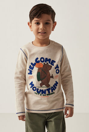 Bear Print T-shirt with Round Neck and Long Sleeves