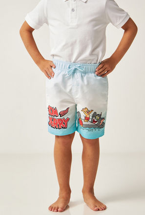 Tom and Jerry Print Swim Shorts with Drawstring Closure