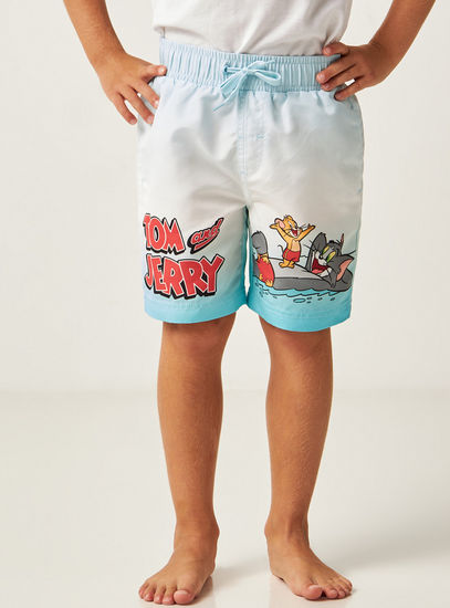 Tom and Jerry Print Swim Shorts with Drawstring Closure-Swimwear-image-1