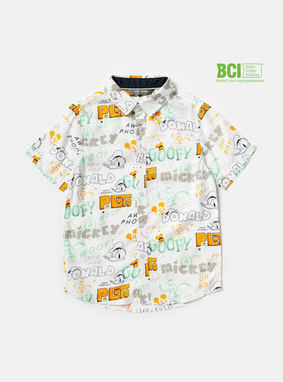 Mickey Mouse Print BCI Cotton Shirt with Short Sleeves and Button Closure