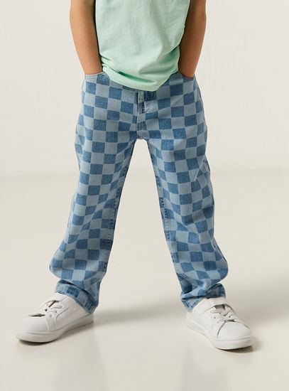 Checked Print Relaxed Fit Jeans with Button Closure and Pockets