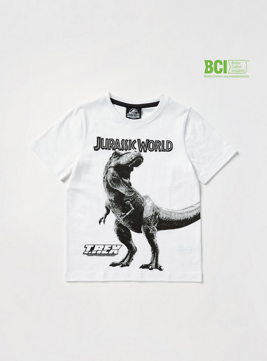 Jurassic Park Print BCI Cotton T-shirt with Crew Neck and Short Sleeves