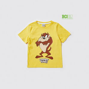 Looney Tunes Print BCI Cotton T-shirt with Crew Neck and Short Sleeves