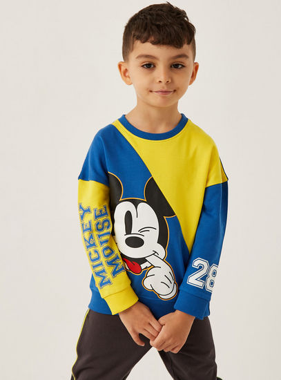 Mickey Mouse Print Spliced Sweatshirt with Round Neck and Long Sleeves