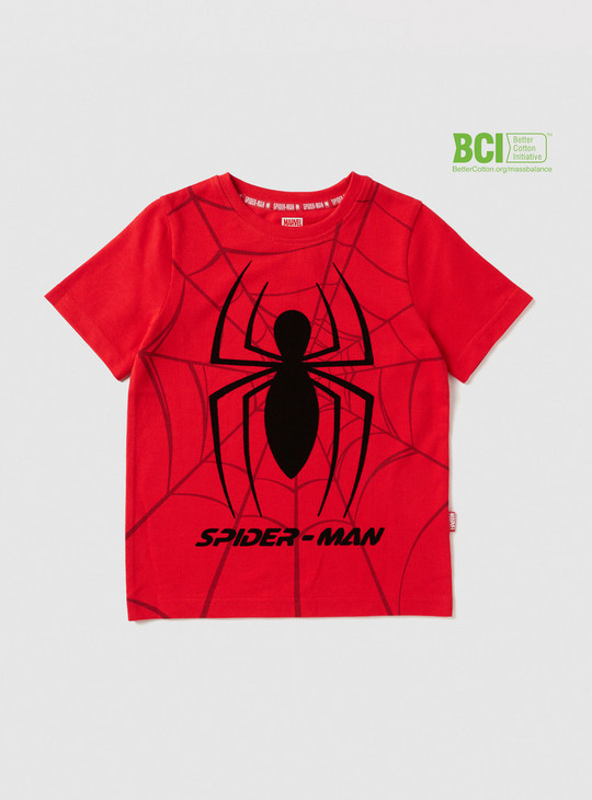 Spider-Man Print BCI Cotton T-shirt with Round Neck and Short Sleeves