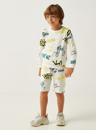 All-Over Graphic Print Long Sleeves Sweatshirt and Elasticated Shorts Set