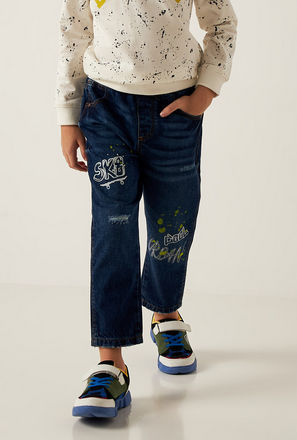 Printed Pull-On Denim Jeans with Pockets and Drawstring Closure