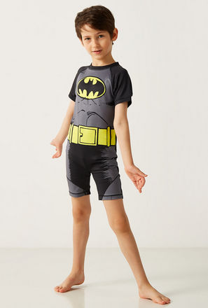 Batman Print Swimsuit with Raglan Sleeves and Zip Closure