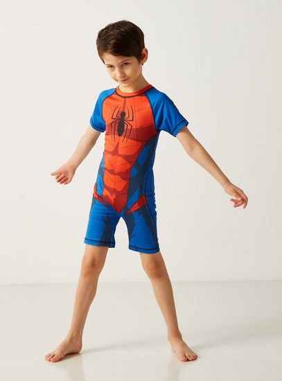 Spider-Man Print Swimsuit with Short Sleeves-Swimwear-image-0
