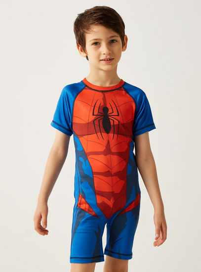 Spider-Man Print Swimsuit with Short Sleeves-Swimwear-image-1