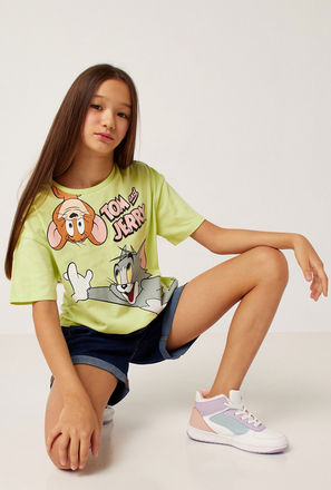 Tom and Jerry Print Round Neck T-shirt with Short Sleeves