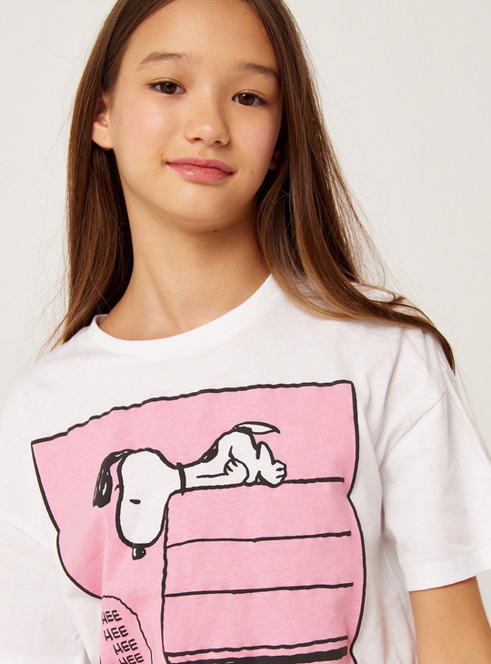 Snoopy Print Round Neck T-shirt with Short Sleeves