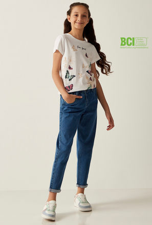Butterfly Print BCI Cotton T-shirt with Round Neck and Short Sleeves