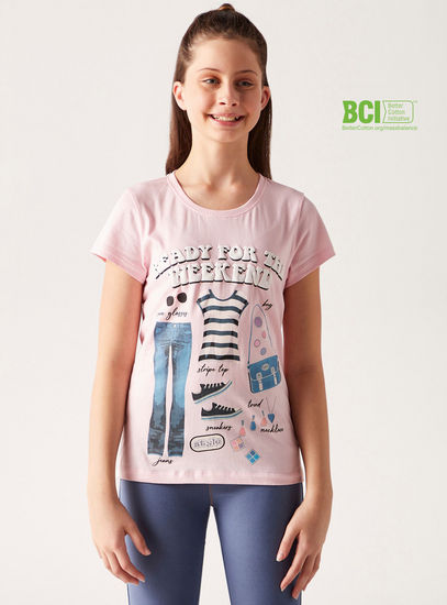 Embossed Print BCI Cotton Round Neck T-shirt with Short Sleeves