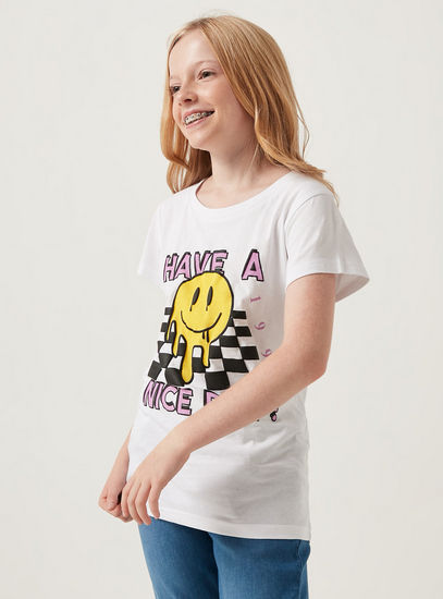 Smiley Print BCI Cotton T-shirt with Round Neck and Short Sleeves