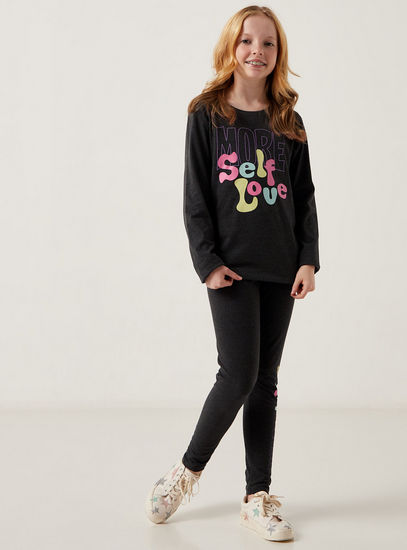 Slogan Print Round Neck T-Shirt with Long Sleeves