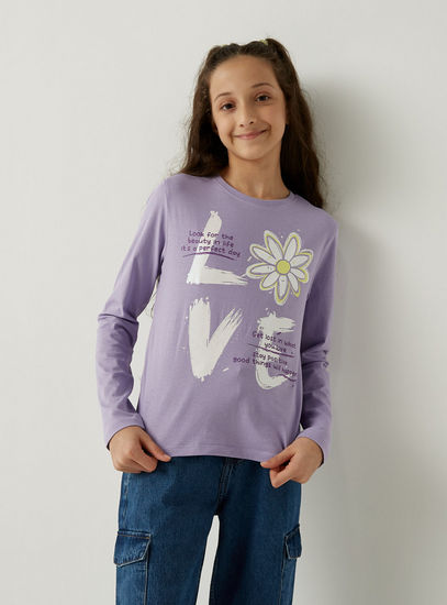 Graphic Print BCI T-shirt with Round Neck and Long Sleeves