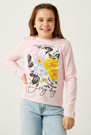 Graphic Print BCI Cotton Crew Neck T-shirt with Long Sleeves