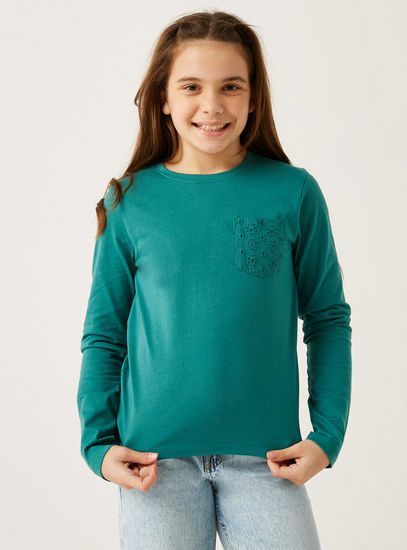 Solid BCI Cotton Round Neck Top with Long Sleeves and Embroidered Pocket