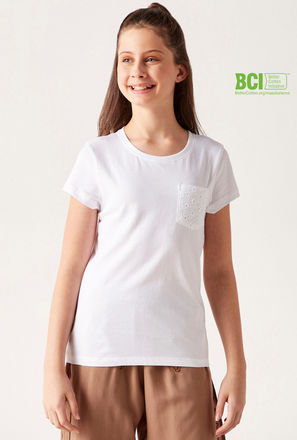 Solid T-shirt with Schiffli Detail Patch Pocket and Short Sleeves